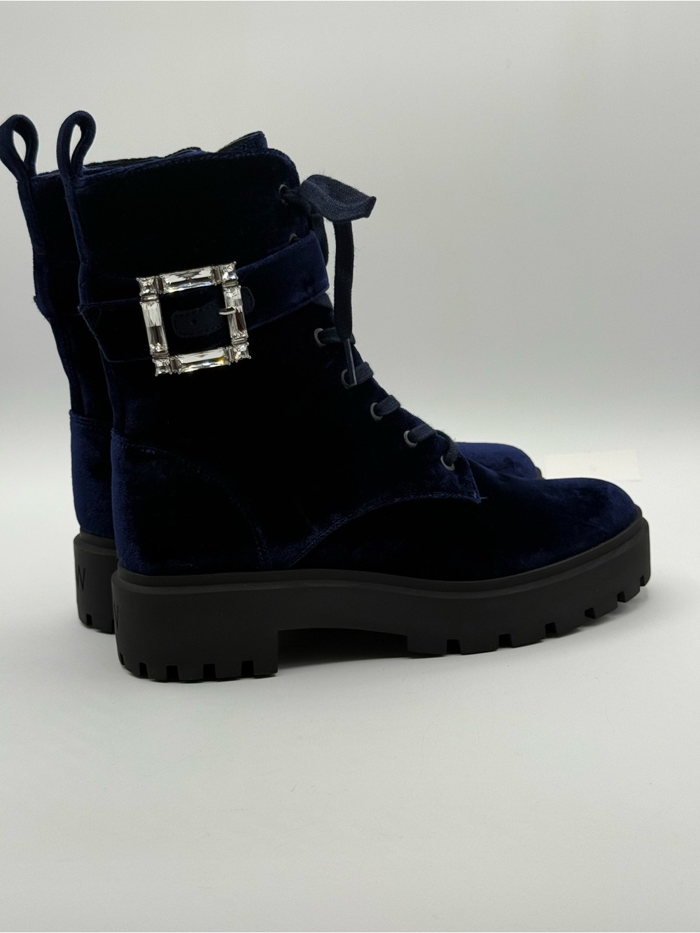 Stuart Weitzman June Velvet Combat Boots Navy Blue Chunky Lug Sole Buckle - Picture 7 of 17